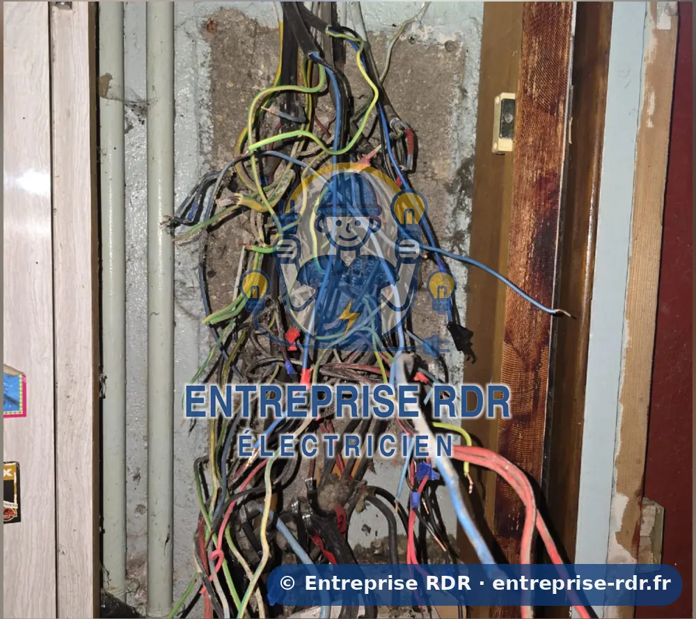 Avant : Amas de fils et dominos remplacé par un tableau neuf fermé — électricien à Nogent-sur-Marne — Entreprise RDR (94)
