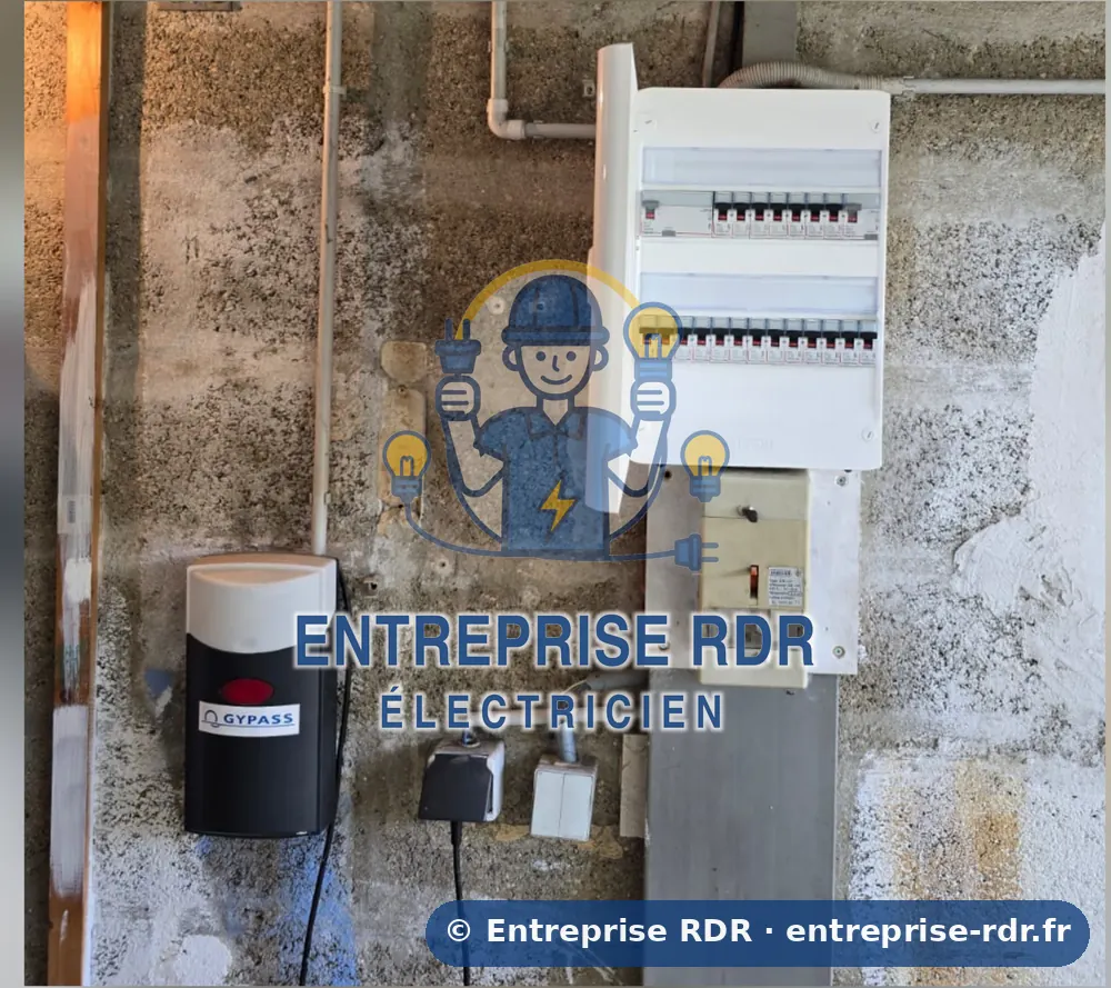 Après : Deux vieux coffrets ouverts remplacés par un seul tableau dans un garage — électricien à Maisons-Alfort — Entreprise RDR (94)
