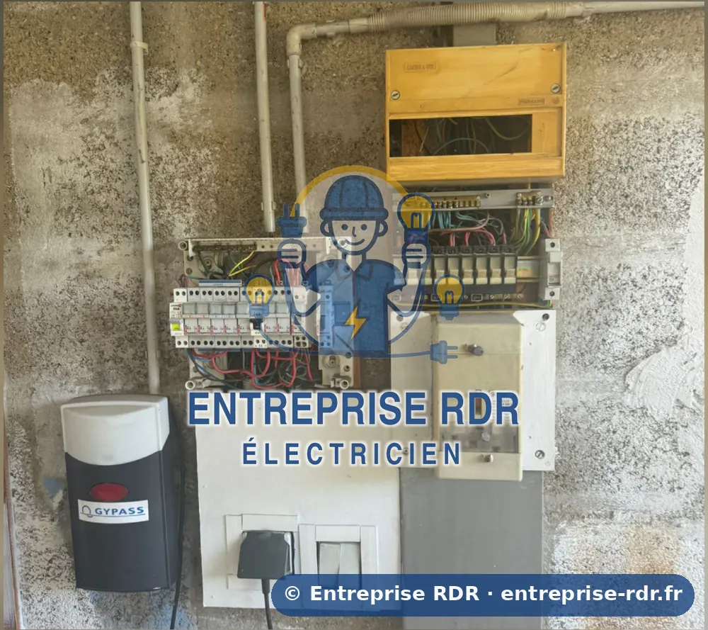 Avant : Deux vieux coffrets ouverts remplacés par un seul tableau dans un garage — électricien à Maisons-Alfort — Entreprise RDR (94)