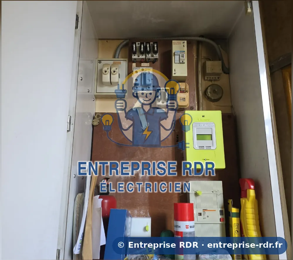 Avant : Fusibles anciens dans un placard technique remplacés par un tableau neuf — électricien à Le Perreux-sur-Marne — Entreprise RDR (94)