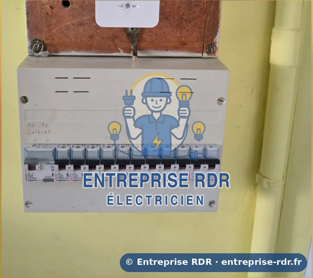 Après : Tableau ouvert et fils pendants : tableau neuf fermé et repéré — électricien à Saint-Maur-des-Fossés — Entreprise RDR (94)