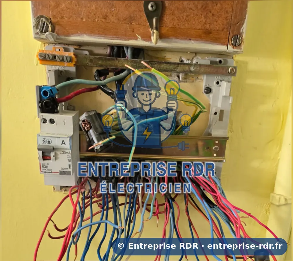 Avant : Tableau ouvert et fils pendants : tableau neuf fermé et repéré — électricien à Saint-Maur-des-Fossés — Entreprise RDR (94)