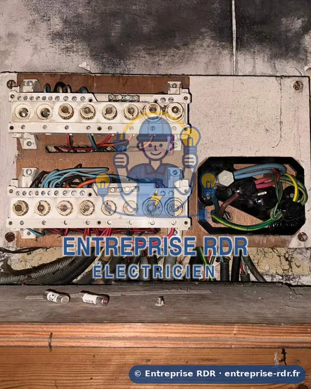Tableau à fusibles et mur noircis par un échauffement — Entreprise RDR, électricien à Vincennes (94)
